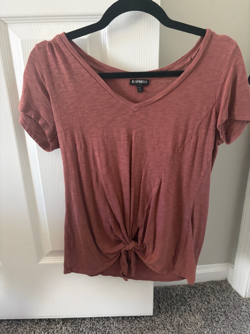 Express Short Sleeve V-Neck Tie-Front Top in Dusty Rose